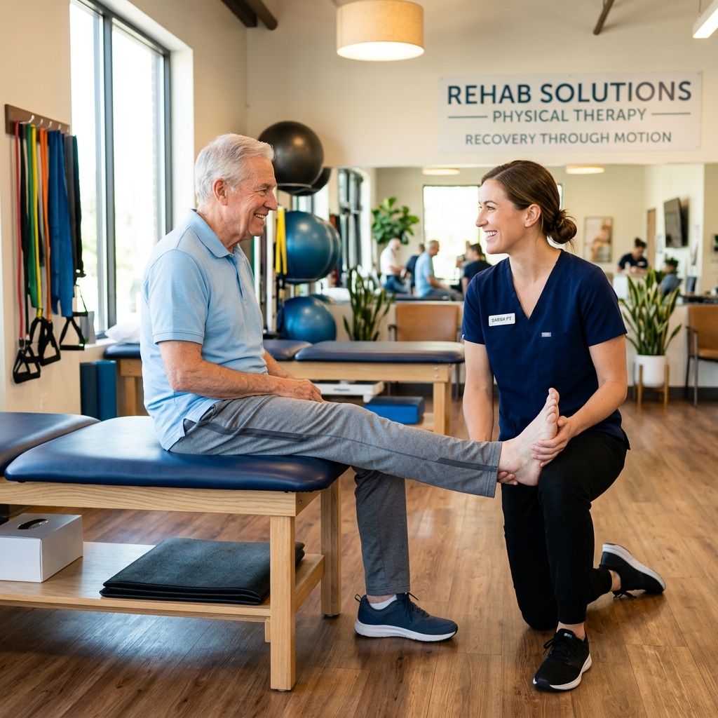 Physical therapist helping a senior gentleman stretch safely inside a warm studio clinic
