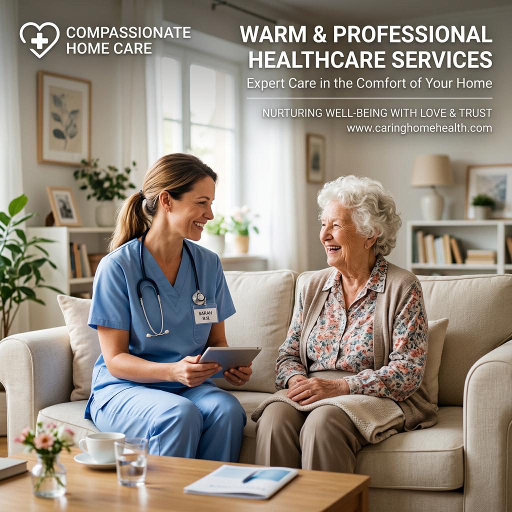 Friendly healthcare caregiver supporting a smiling elderly woman at home